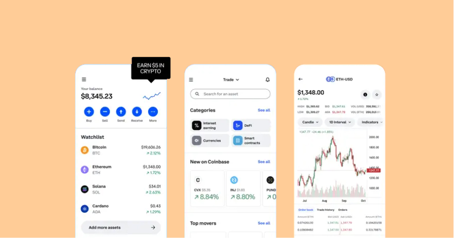 Coinbase application, design, screenshots