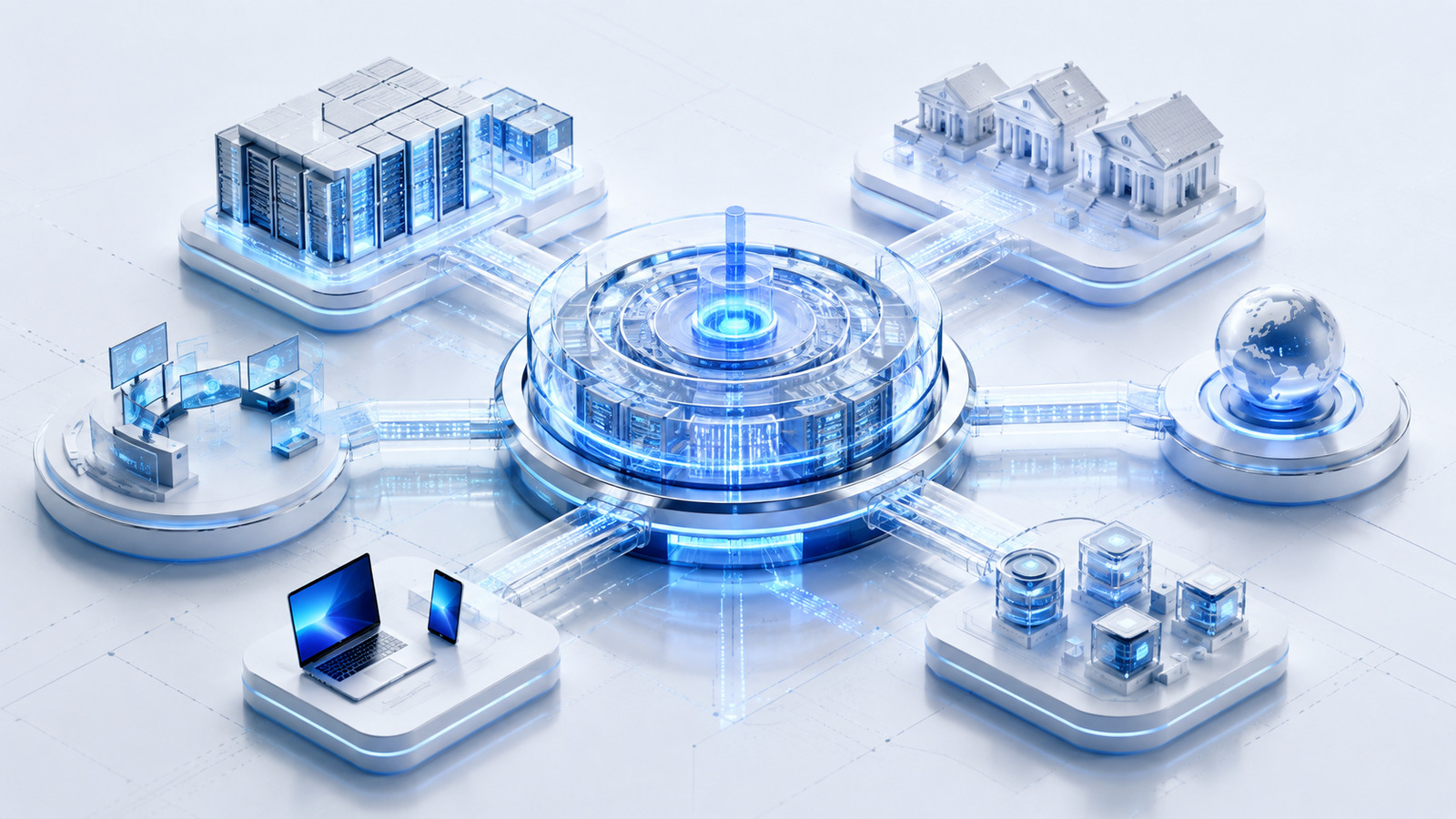 Cloud core banking platform connecting regulated financial institutions, customer channels, infrastructure and external providers.