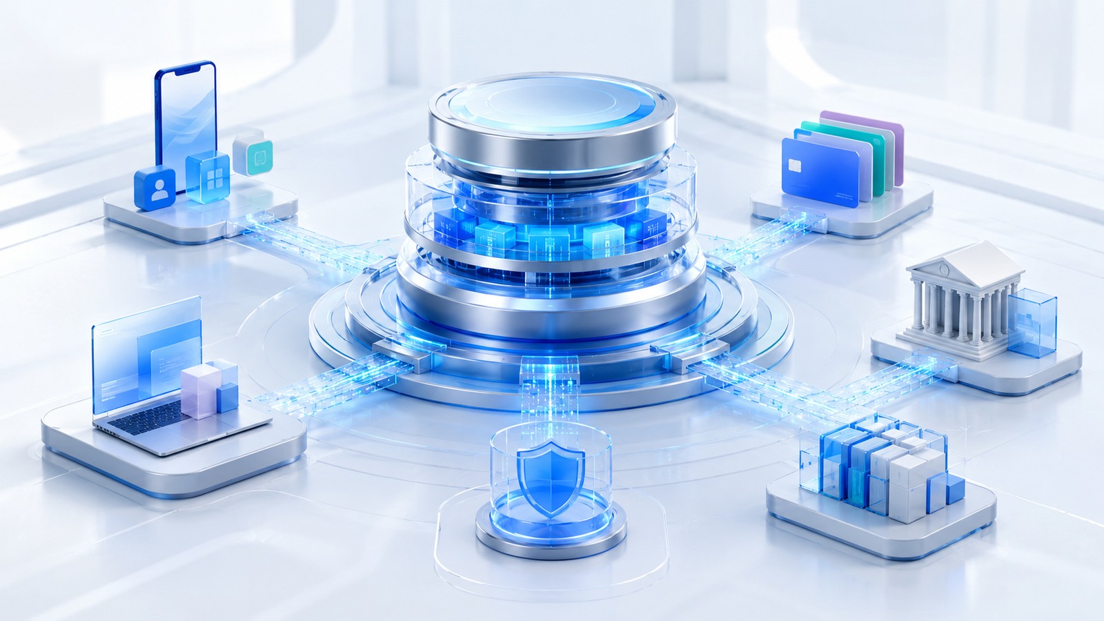 Modern core banking software platform connecting customer channels, core services, compliance and payment infrastructure